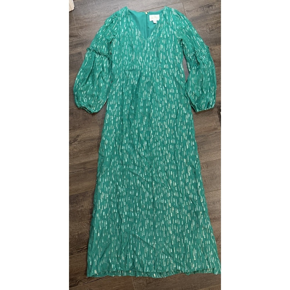 Lilly Pulitzer Cleme Metallic Maxi Dress Fiddle Leaf Green Silk Blend Size 0 NEW